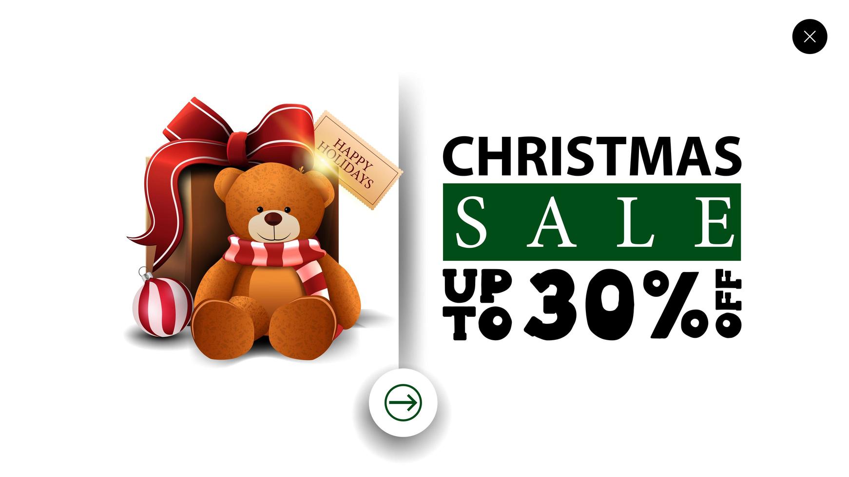 kerstuitverkoop, tot 30 korting, witte kortingsbanner in minimalistische stijl voor website met cadeau met teddybeer vector