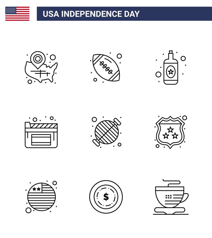 gelukkig onafhankelijkheid dag pak van 9 lijnen tekens en symbolen voor bbq voedsel Amerikaans bal film bioscoop bewerkbare Verenigde Staten van Amerika dag vector ontwerp elementen