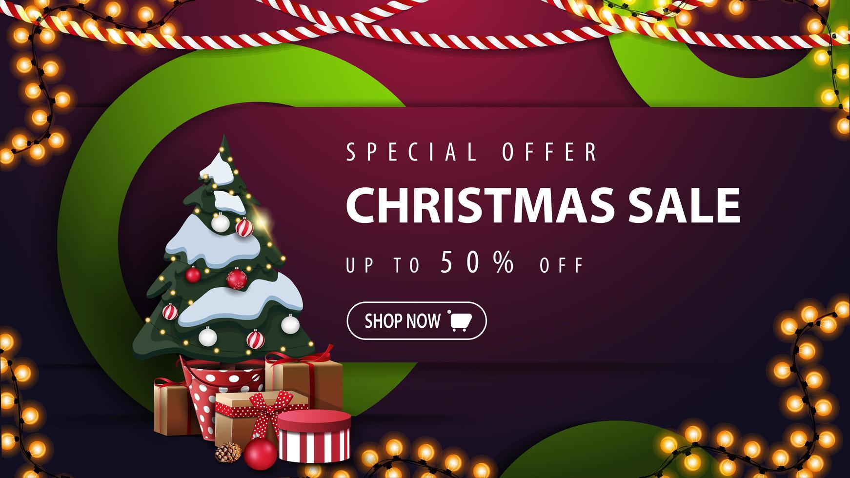 speciale aanbieding, kerstuitverkoop, tot 50 korting, paarse kortingsbanner met groene decoratieve ringen, slingers en kerstboom in een pot met geschenken vector