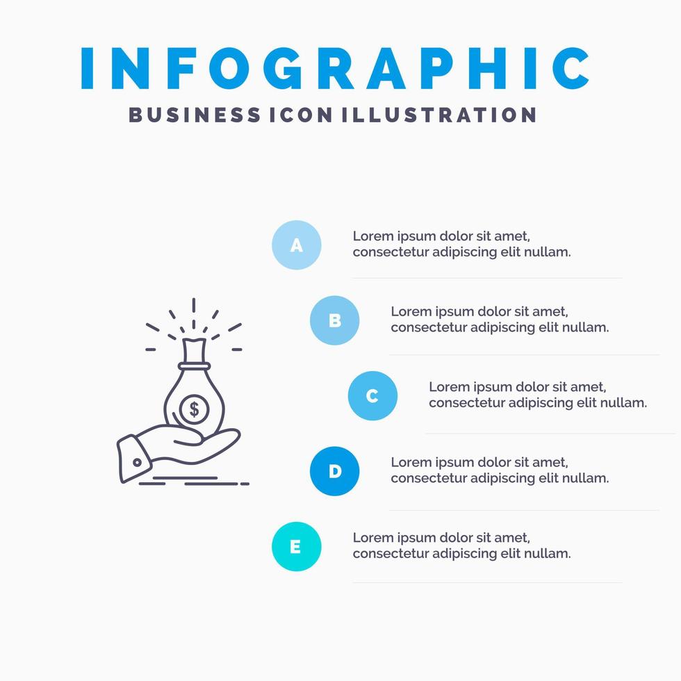 dollar zak hand- bedrijf hoofdstad schuld investering spaargeld lijn icoon met 5 stappen presentatie infographics achtergrond vector