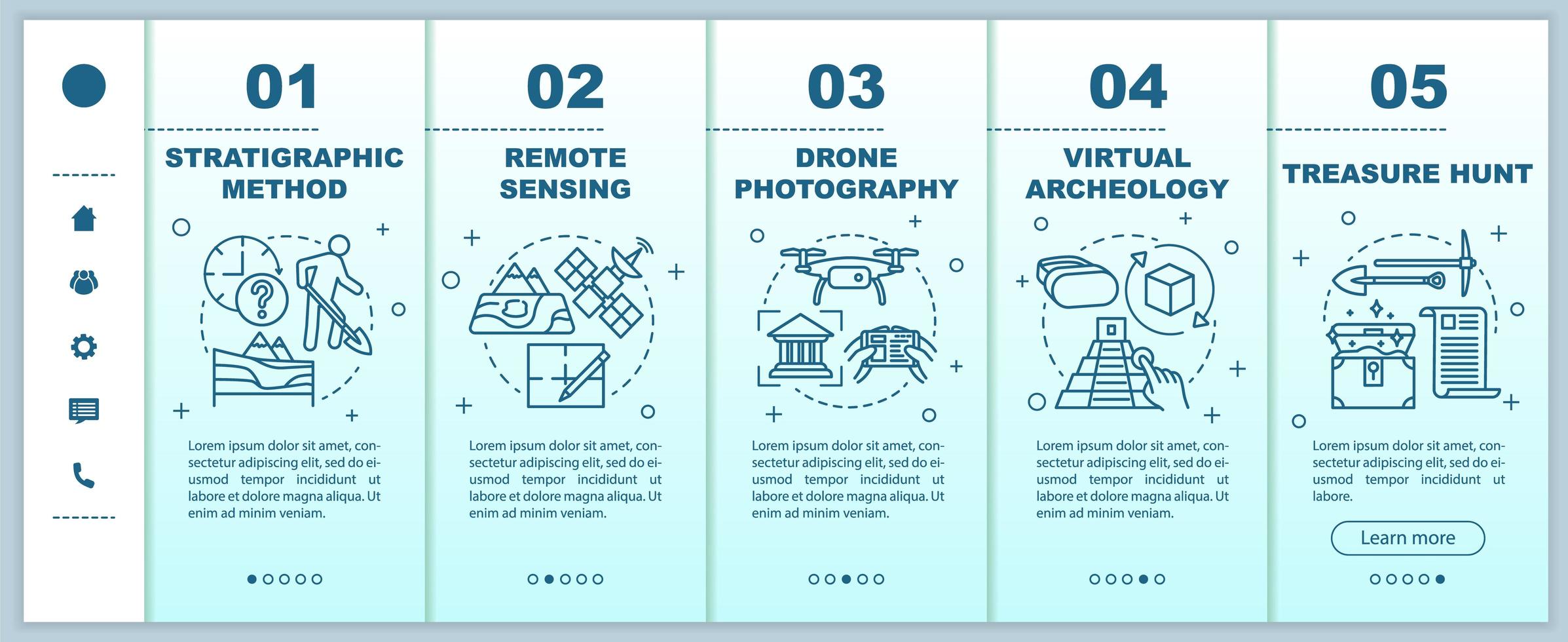 archeologie methoden onboarding mobiele webpagina's vector sjabloon. schattenjacht.