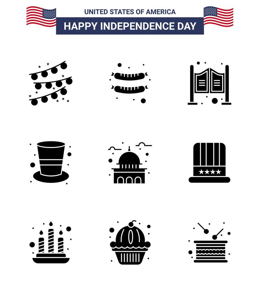 4e juli Verenigde Staten van Amerika gelukkig onafhankelijkheid dag icoon symbolen groep van 9 modern solide glyphs van Verenigde Staten van Amerika huis salon gebouw hoed bewerkbare Verenigde Staten van Amerika dag vector ontwerp elementen