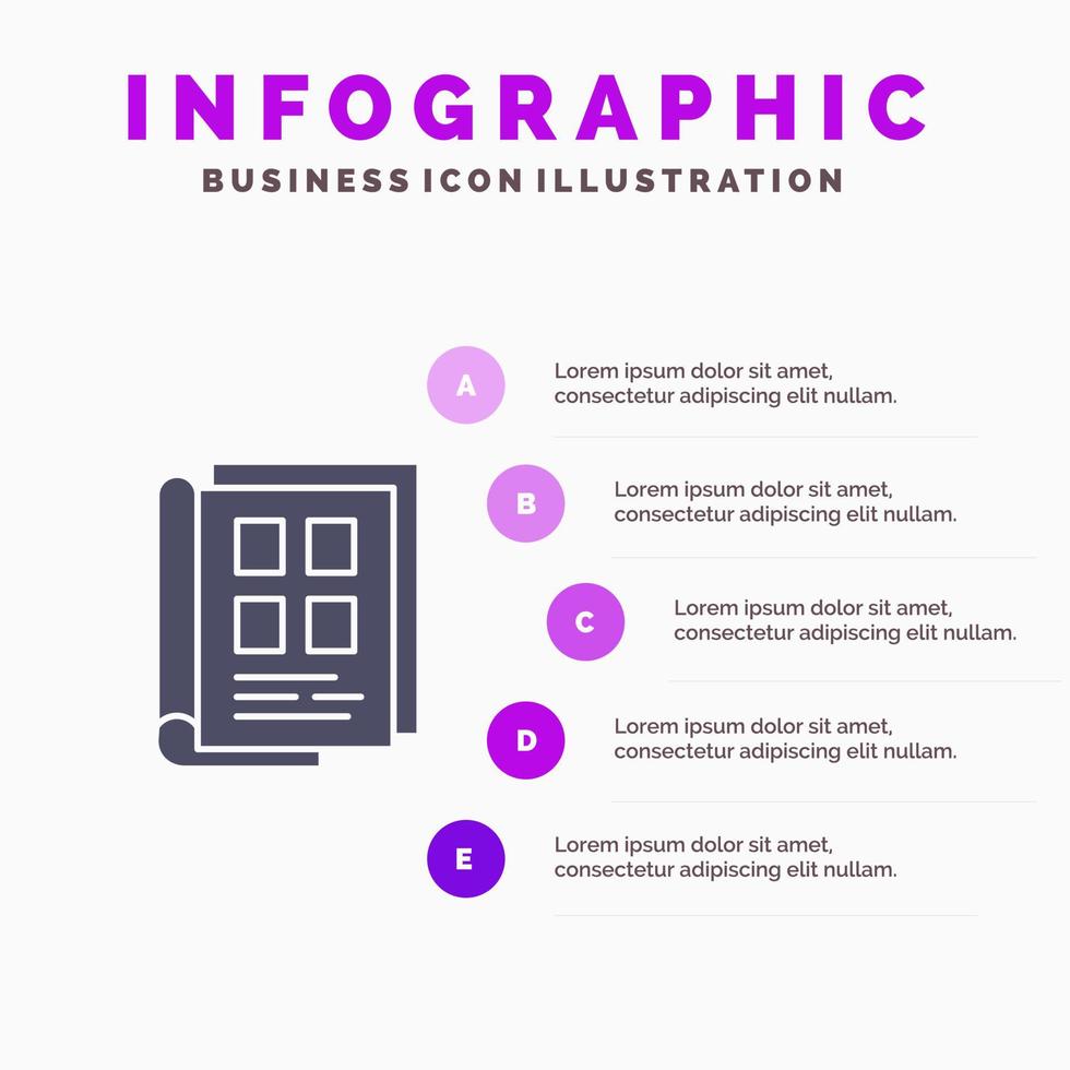 boek krant- papier notitieboekje telefoonboek solide icoon infographics 5 stappen presentatie achtergrond vector