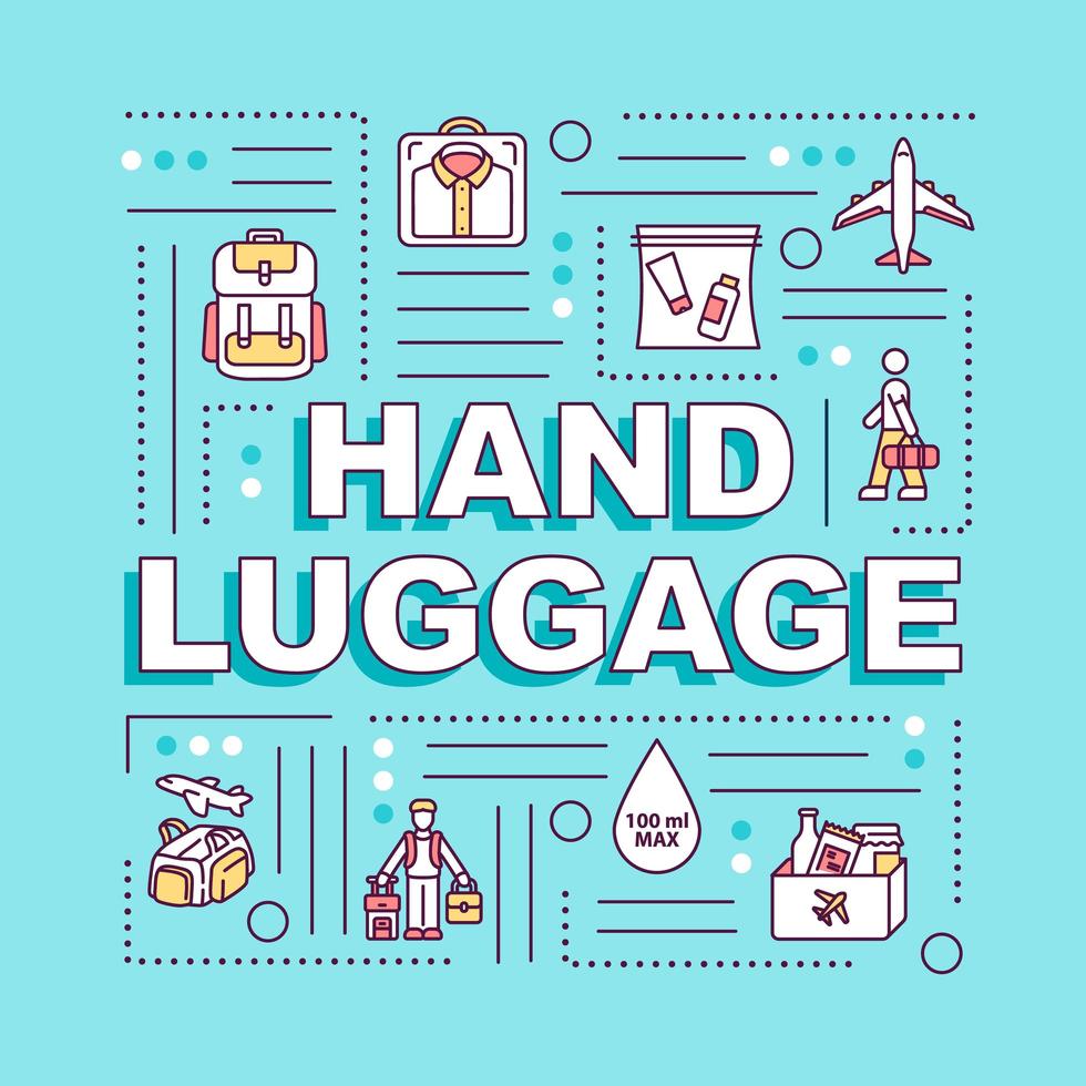 handbagage woord concepten banner. licht reizen, toerisme zonder extra bagage. infographics met lineaire pictogrammen op turkooizen achtergrond. geïsoleerde typografie. vector overzicht rgb kleur illustratie