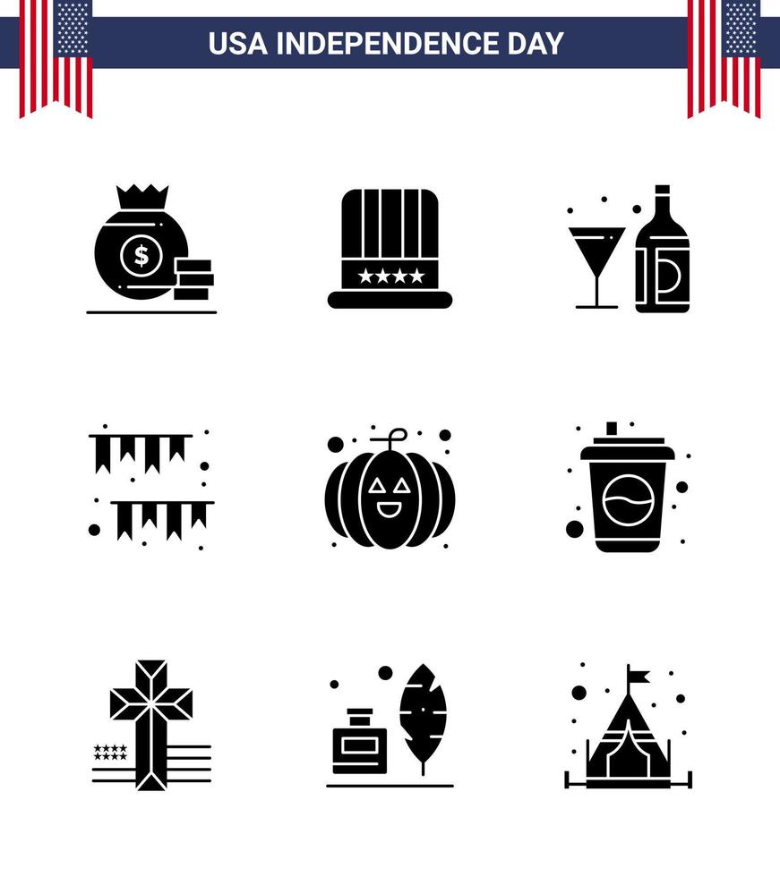 gelukkig onafhankelijkheid dag pak van 9 solide glyphs tekens en symbolen voor partij Gorzen drinken slinger glas bewerkbare Verenigde Staten van Amerika dag vector ontwerp elementen