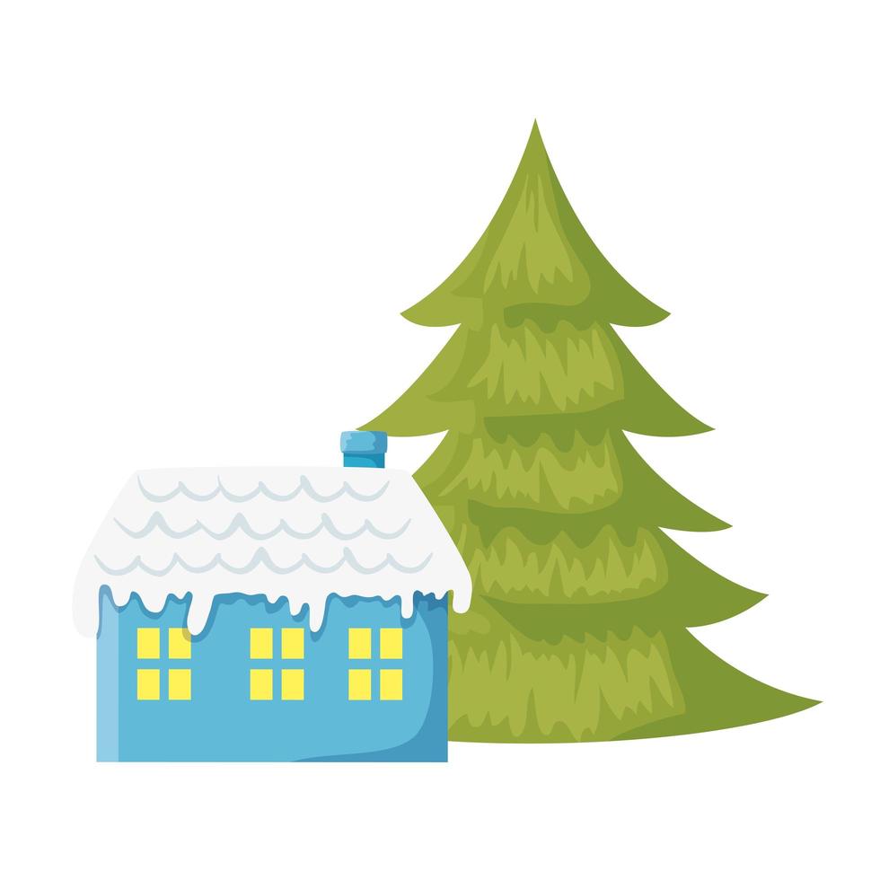 huis met sneeuw en dennenboom Kerst geïsoleerde pictogram vector