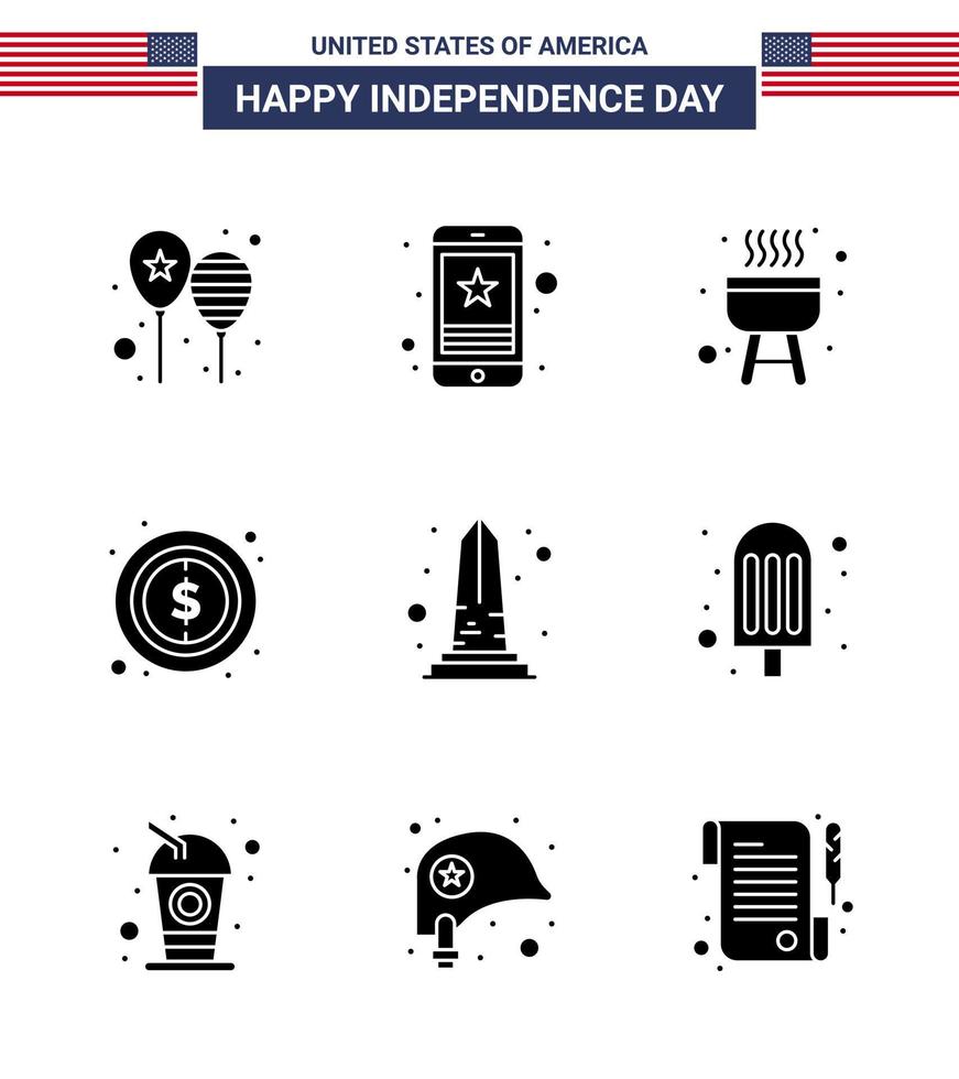 Verenigde Staten van Amerika gelukkig onafhankelijkheid dagpictogram reeks van 9 gemakkelijk solide glyphs van mijlpaal dollar mobiel geld koken bewerkbare Verenigde Staten van Amerika dag vector ontwerp elementen