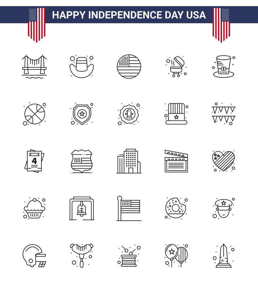 gelukkig onafhankelijkheid dag Verenigde Staten van Amerika pak van 25 creatief lijnen van Verenigde Staten van Amerika hoed vlag dag bbq bewerkbare Verenigde Staten van Amerika dag vector ontwerp elementen