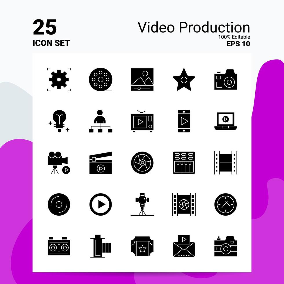 25 video productie icoon reeks 100 bewerkbare eps 10 bestanden bedrijf logo concept ideeën solide glyph icoon ontwerp vector