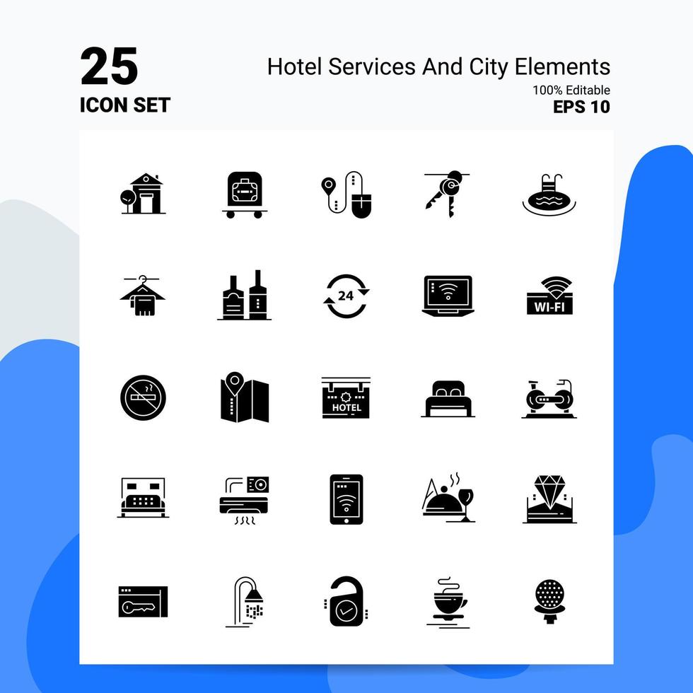 25 hotel Diensten en stad elementen icoon reeks 100 bewerkbare eps 10 bestanden bedrijf logo concept ideeën solide glyph icoon ontwerp vector