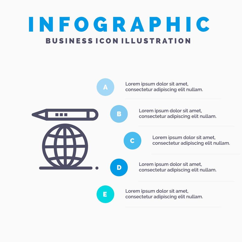 wereld onderwijs wereldbol potlood blauw infographics sjabloon 5 stappen vector lijn icoon sjabloon