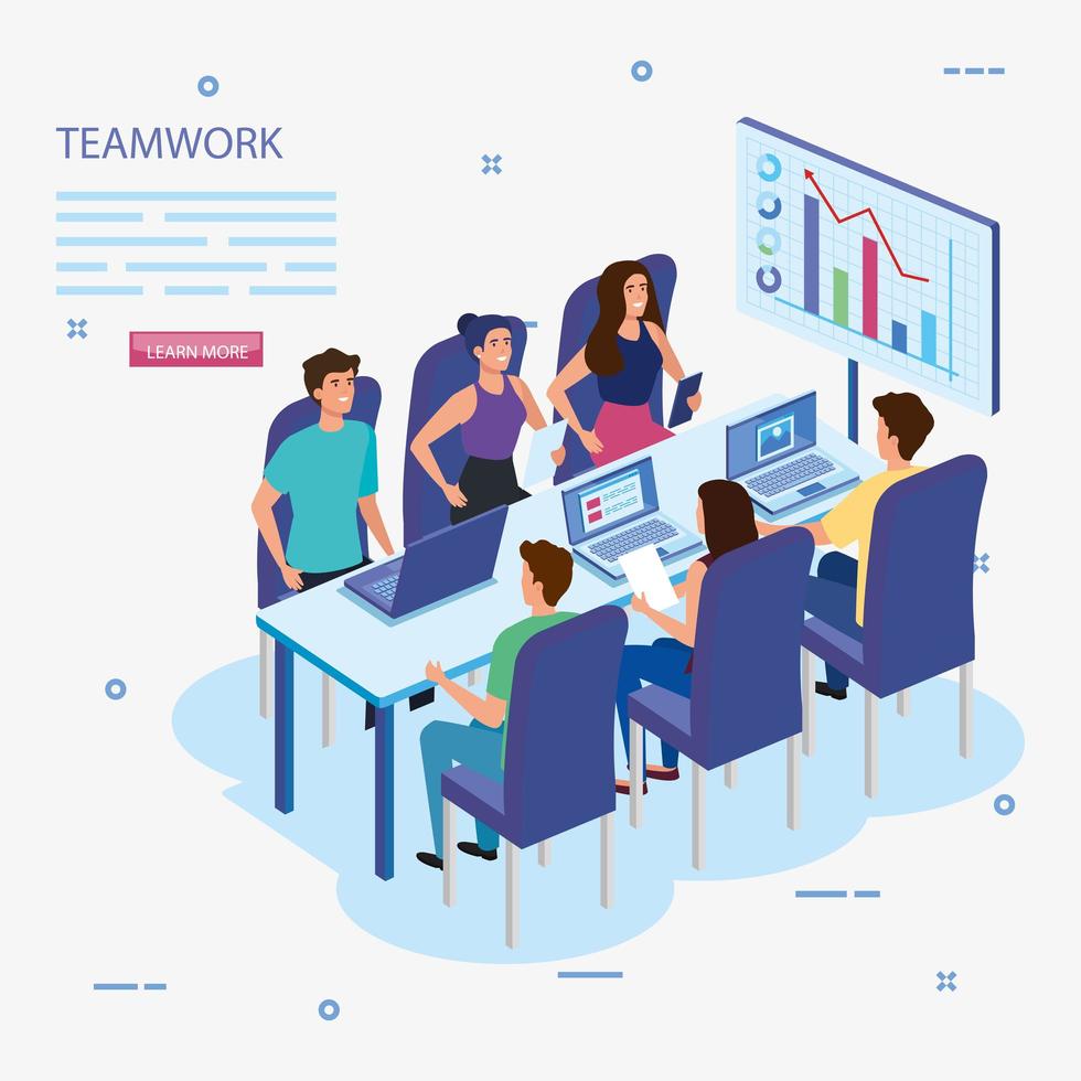 werkteamgroep in vergadering en infographics vector