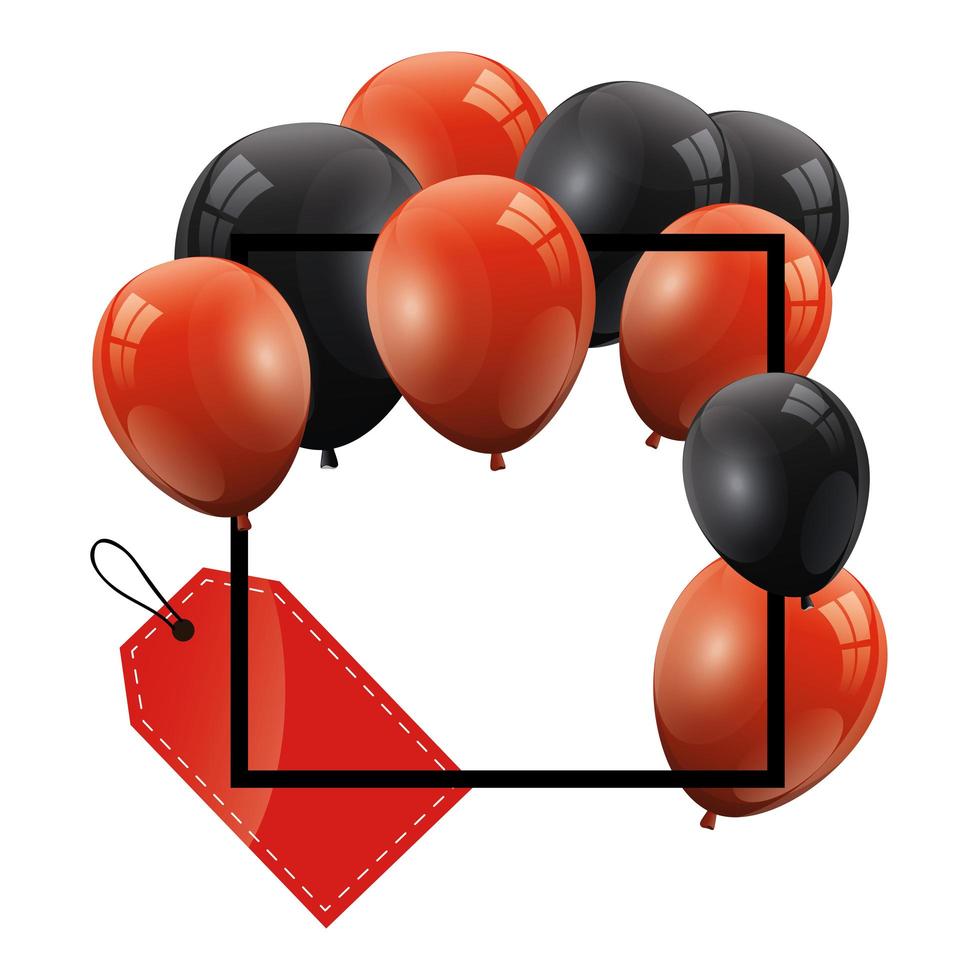 ballonnen helium zwart en rood met vierkant frame en hangende tag vector