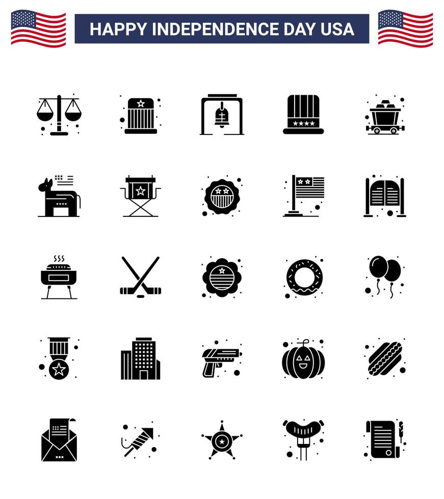 bewerkbare vector solide glyph pak van Verenigde Staten van Amerika dag 25 gemakkelijk solide glyph van de mijne Verenigde Staten van Amerika alarm Amerikaans hoed bewerkbare Verenigde Staten van Amerika dag vector ontwerp elementen