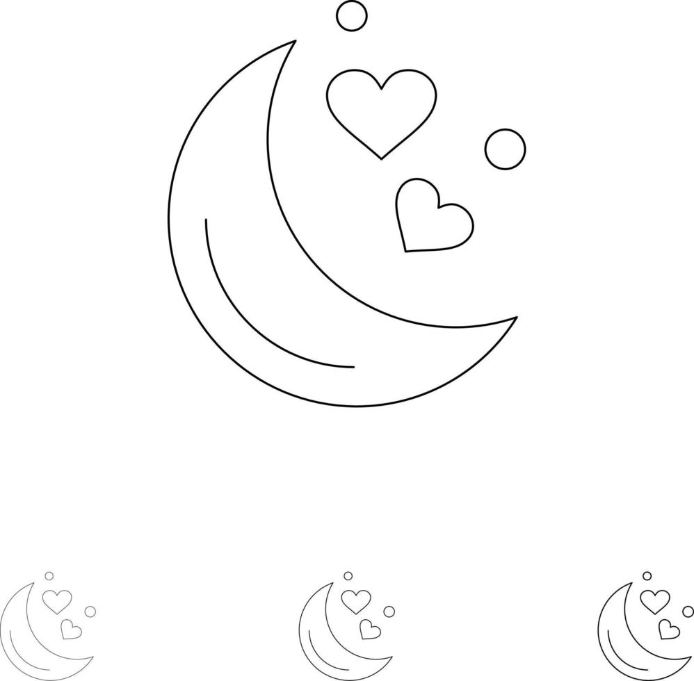 maan nacht liefde romantisch nacht stoutmoedig en dun zwart lijn icoon reeks vector