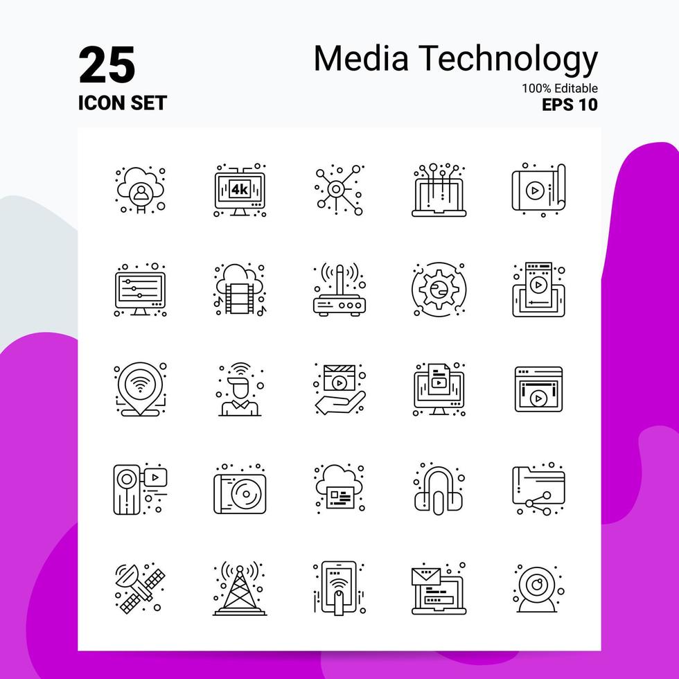 25 media technologie icoon reeks 100 bewerkbare eps 10 bestanden bedrijf logo concept ideeën lijn icoon ontwerp vector