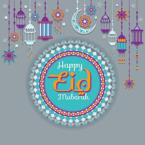 Illustratie Happy Eid op kleurrijke lantaarn, moskee, ster en maan ingericht achtergrond voor islamitische gemeenschap Festival viering vector