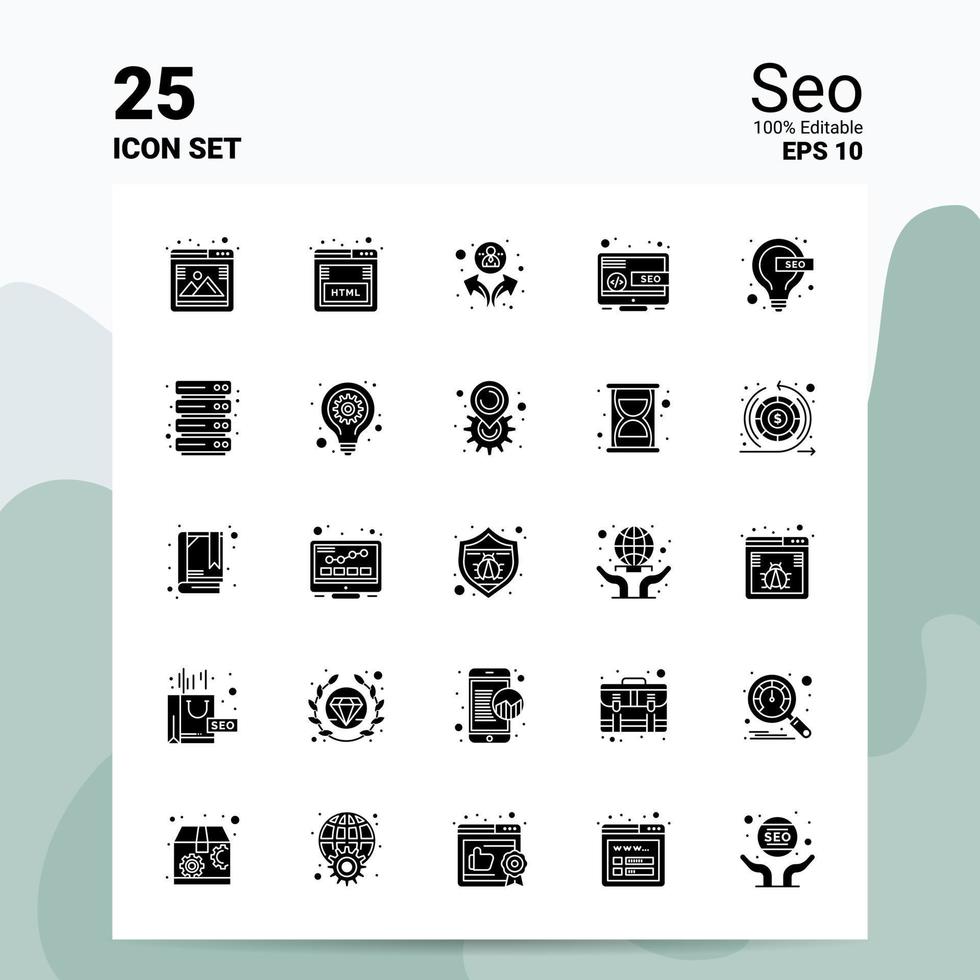 25 seo icoon reeks 100 bewerkbare eps 10 bestanden bedrijf logo concept ideeën solide glyph icoon ontwerp vector