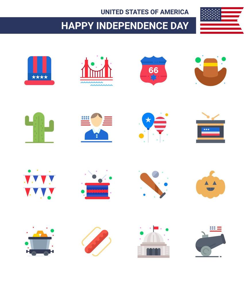16 Verenigde Staten van Amerika vlak tekens onafhankelijkheid dag viering symbolen van Verenigde Staten van Amerika hoed toerisme pet veiligheid bewerkbare Verenigde Staten van Amerika dag vector ontwerp elementen