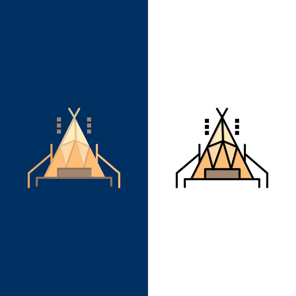 kamp tent camping pictogrammen vlak en lijn gevulde icoon reeks vector blauw achtergrond