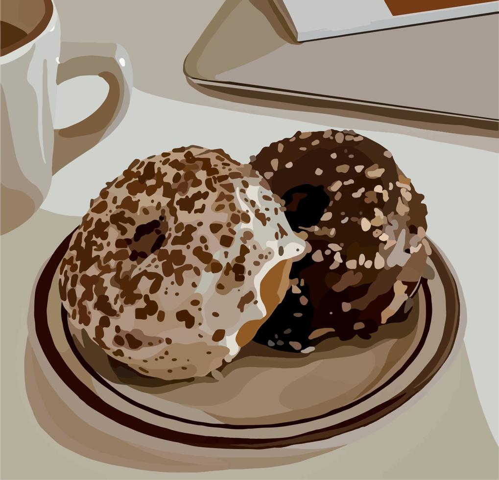 heerlijk chocola donuts Aan een bord. vector mode illustratie