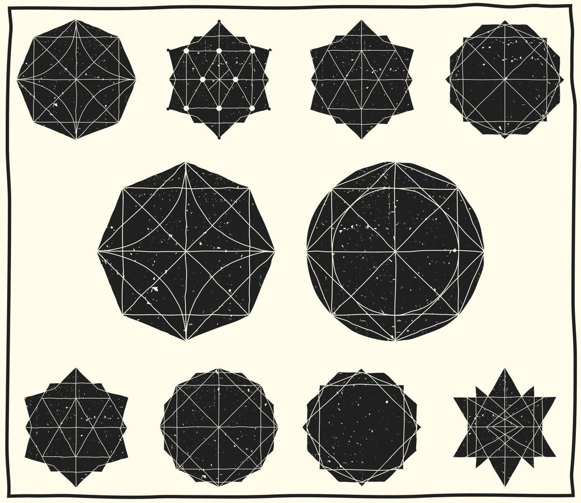 reeks met gevulde zwart meetkundig vormen en elementen met kader, lijnen, veelvlakken, driehoeken vector