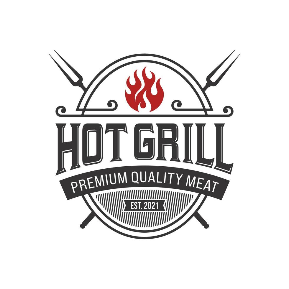 vintage gegrilde barbecue logo, retro bbq vector, vuur grill eten en restaurant icoon, rood vuur icoon vector