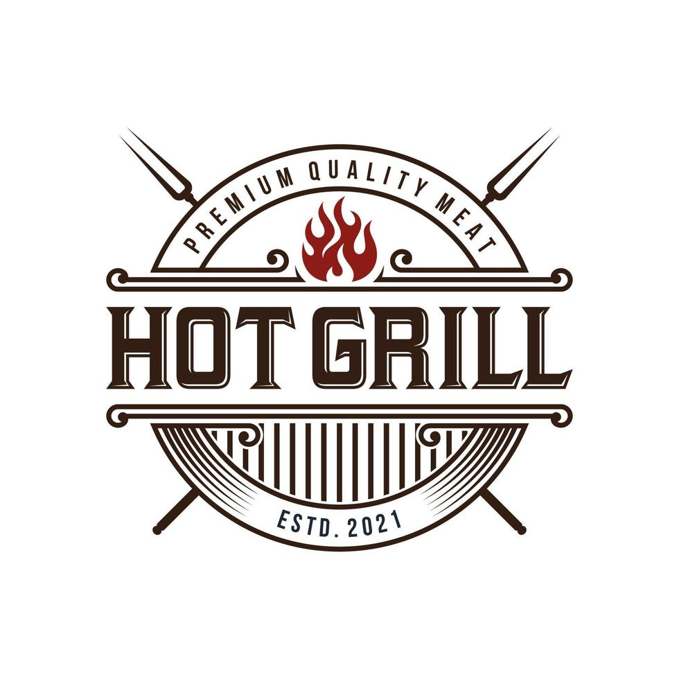 vintage gegrilde barbecue logo, retro bbq vector, vuur grill eten en restaurant icoon, rood vuur icoon vector