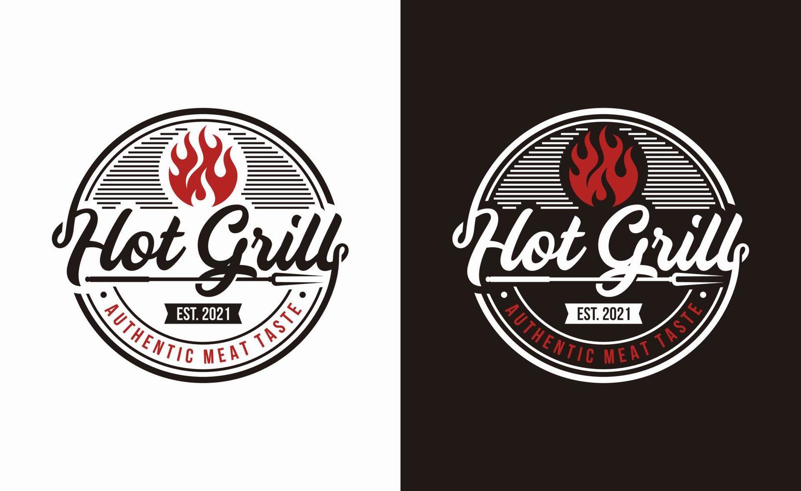 vintage gegrilde barbecue logo, retro bbq vector, vuur grill eten en restaurant icoon, rood vuur icoon vector