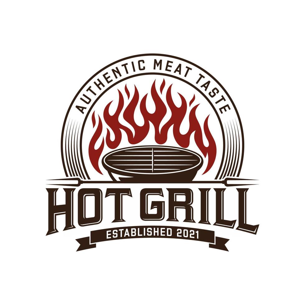 vintage gegrilde barbecue logo, retro bbq vector, vuur grill eten en restaurant icoon, rood vuur icoon vector