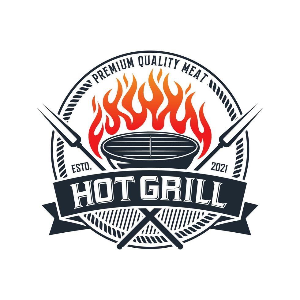 vintage gegrilde barbecue logo, retro bbq vector, vuur grill eten en restaurant icoon, rood vuur icoon vector