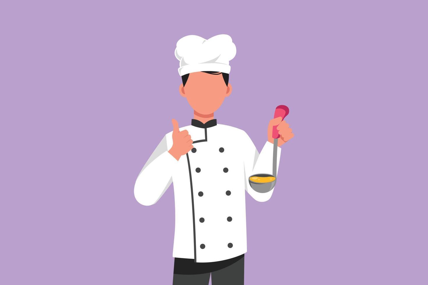 tekenfilm vlak stijl tekening van mannetje chef Holding pollepel met duimen omhoog gebaar en proeverij heerlijk soep. vervelend uniform klaar naar koken voedsel voor gasten in restaurant. grafisch ontwerp vector illustratie