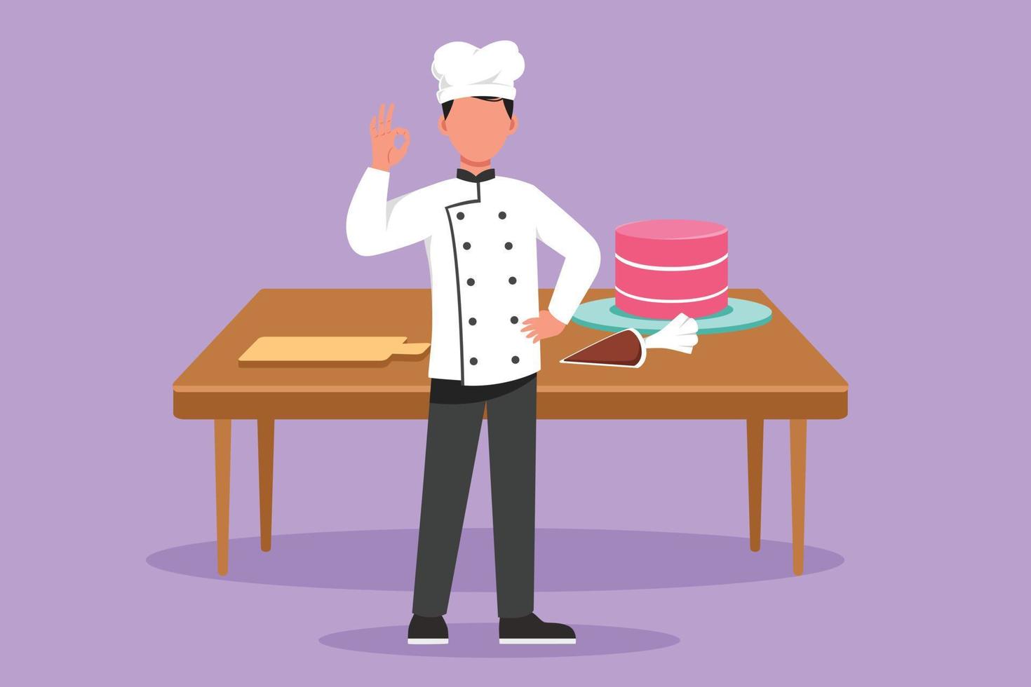 tekenfilm vlak stijl tekening geschoold chef staat met Oke gebaar en Koken uniform bereidt zich voor de ingrediënten naar koken de het beste borden. mannetje chef met tafel en taart. grafisch ontwerp vector illustratie