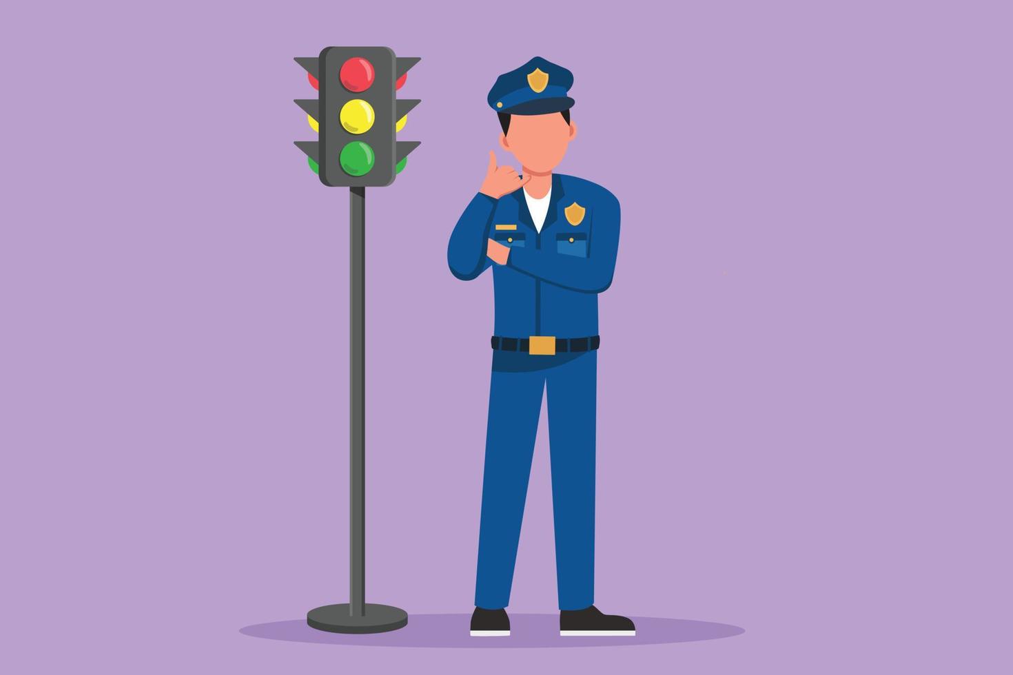 grafisch vlak ontwerp tekening aantrekkelijk politieagent staand in de buurt verkeer licht in vol uniform met telefoontje me gebaar en werken naar controle voertuig verkeer Aan snelweg. tekenfilm stijl vector illustratie