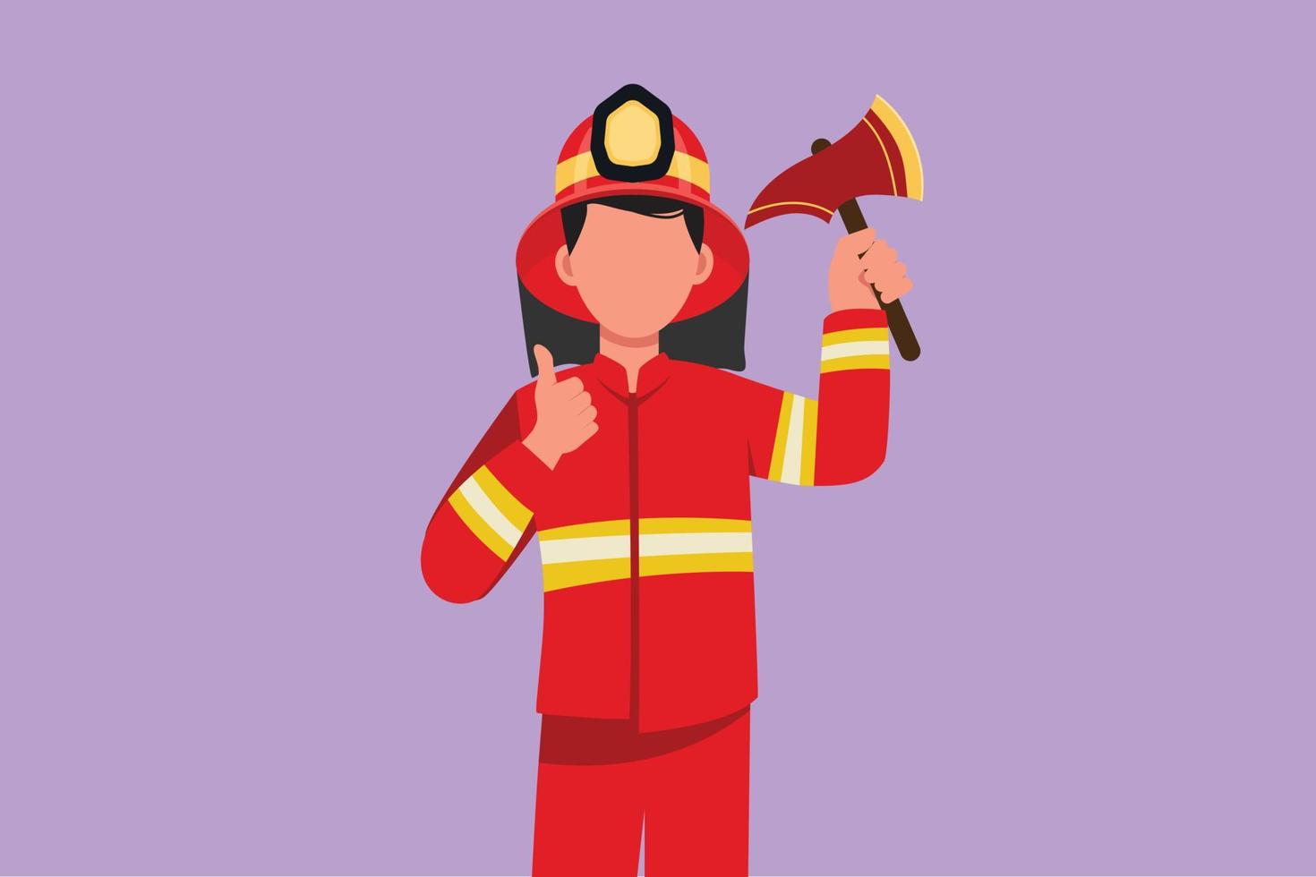 grafisch vlak ontwerp tekening brandweerlieden in compleet uniform Holding glas breken bijl met duimen omhoog gebaar bereiden naar zetten uit de brand dat verbrand de gebouw. tekenfilm stijl vector illustratie