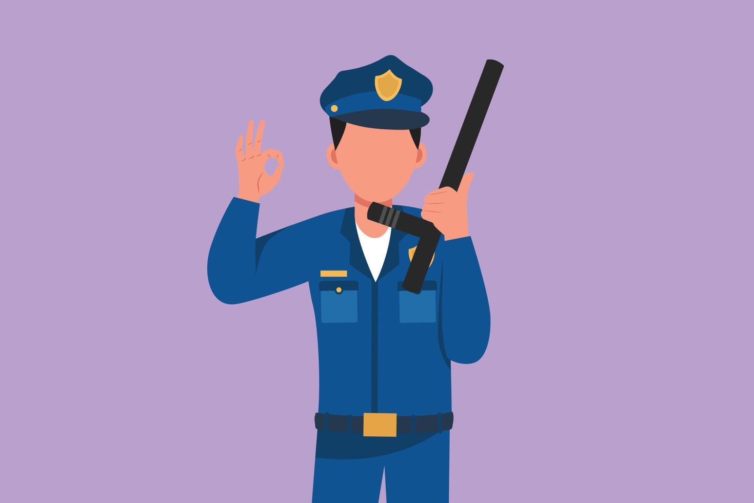 grafisch vlak ontwerp tekening politieagent Holding Politie stok met Oke gebaar en in vol uniform klaar naar afdwingen verkeer discipline Aan snelweg. mannetje Politie Aan plicht. tekenfilm stijl vector illustratie