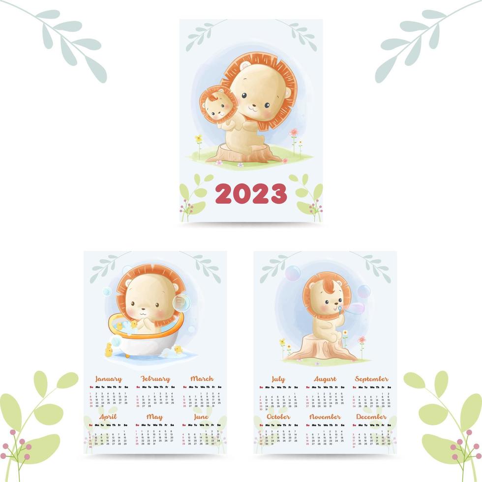 kalender 2023 met schattig dieren illustratie waterverf stijl vector