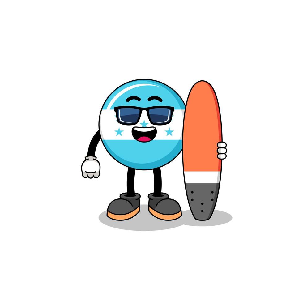 mascotte tekenfilm van Honduras vlag net zo een surfer vector