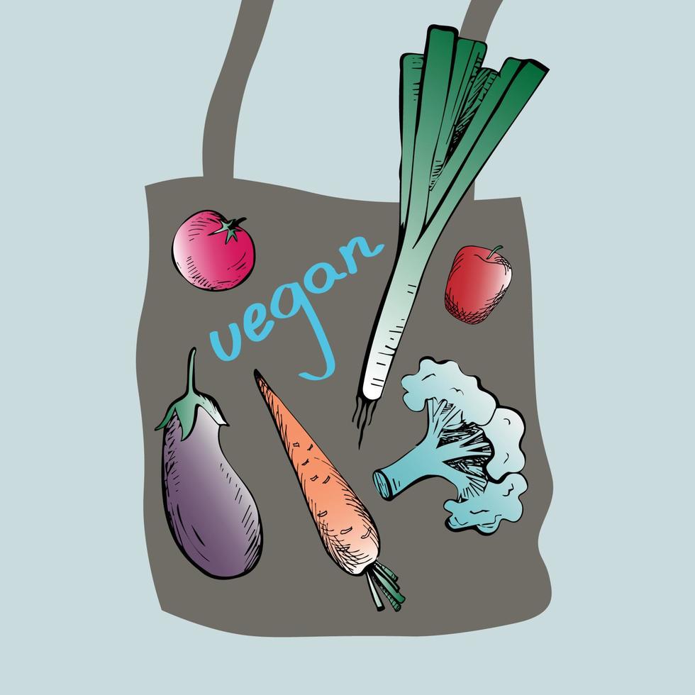 veganisme. beeld van kleding zak met fruit en groenten.bel voor leven zonder vlees .vlak illustratie vector