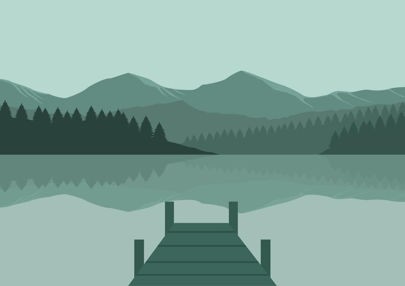 landschap met meer, bergen en houten pier. vector illustratie.