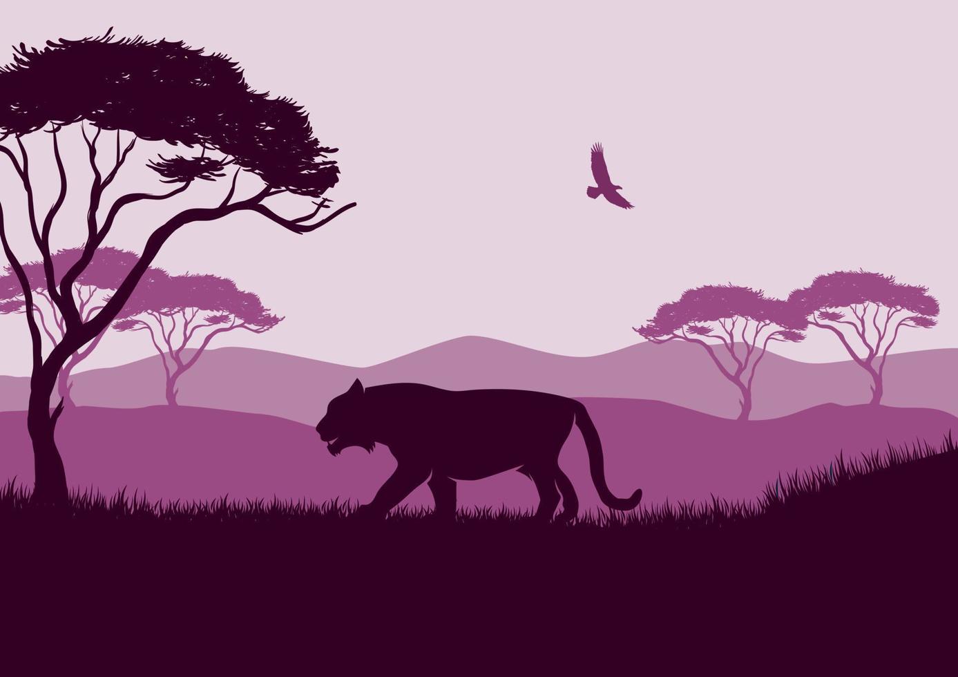 silhouet van een leeuw landschap in de Afrikaanse savanne. vector illustratie