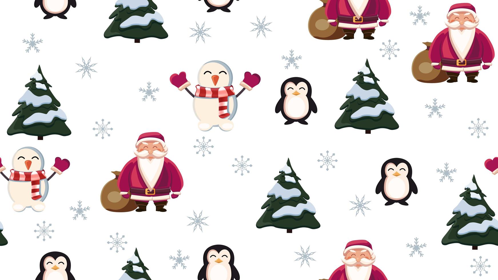 Kerst naadloze textuur met kerstman, pinguïn, kerstboom, sneeuwpop en sneeuwvlokken op witte achtergrond vector