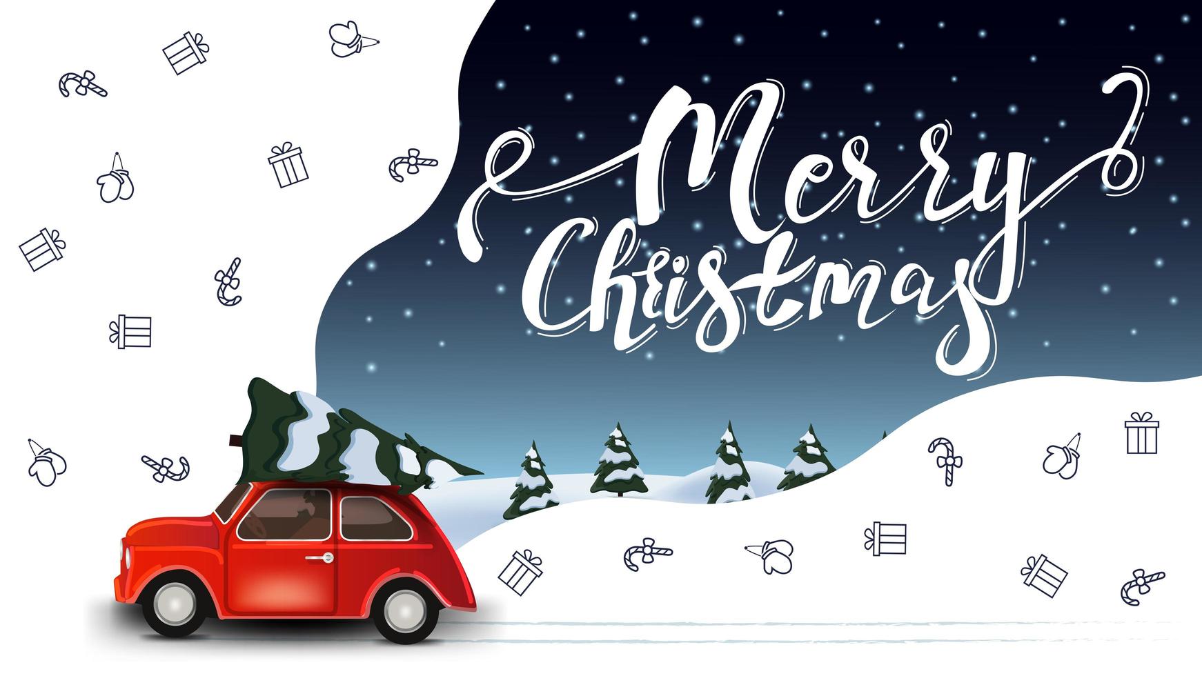 prettige kerstdagen, mooie witte en blauwe wenskaart met rode vintage auto met kerstboom en kerstlijnpictogrammen, ruimteverbeelding vector
