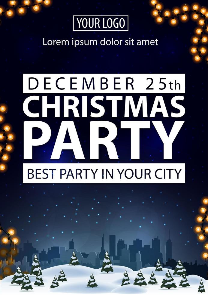 kerstfeest, beste feest in je stad, blauwe poster met witte letters, winterlandschap op achtergrond en slinger vector