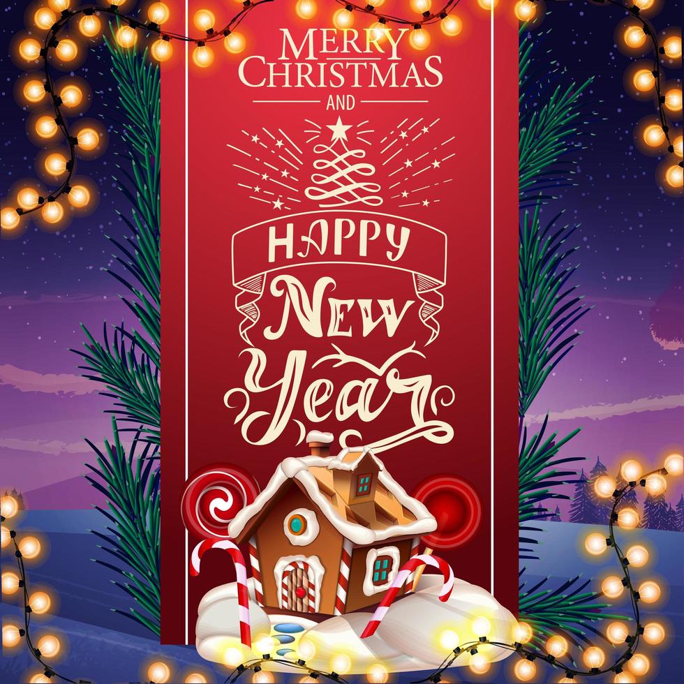 prettige kerstdagen en gelukkig nieuwjaar, wenskaart met mooie letters, rode verticale lint versierde kerstboomtakken en kerst peperkoek huis vector