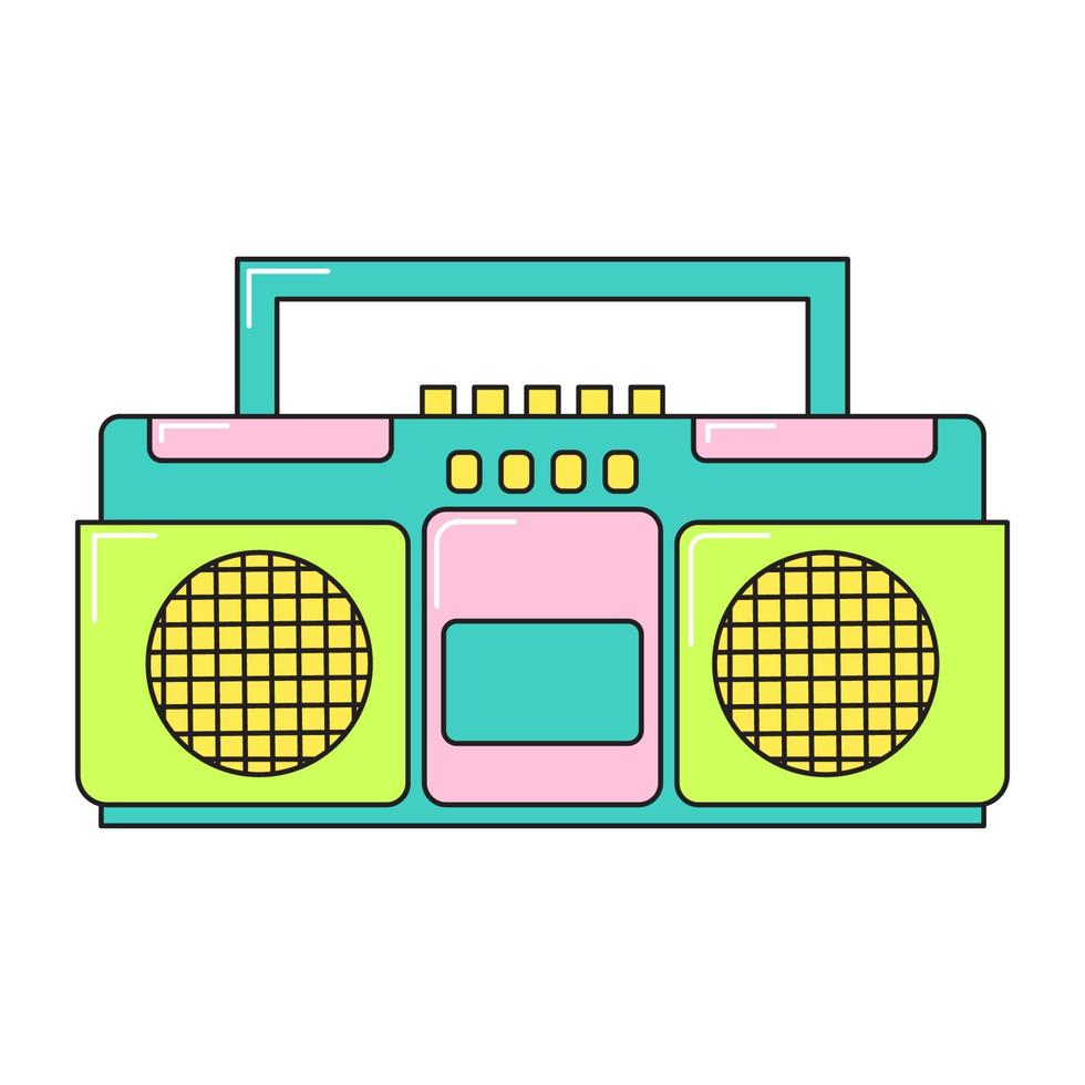 retro muziek- 90s radio en plakband cassette speler funky kleurrijk ontwerp. kleurrijk vector sticker geïsoleerd Aan wit achtergrond.