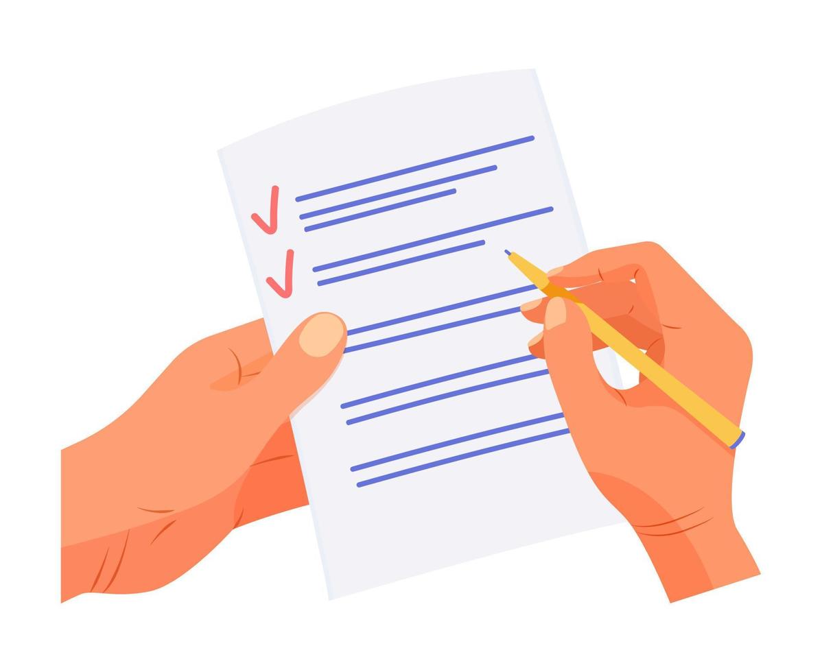 checklist is voltooid door hand- en pen. document voor testen. vulling uit tentamen het formulier vector