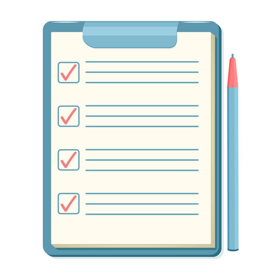 lijst taken met pen. checklist Aan papier met controleren markering. tablet icoon met vragenlijst vector
