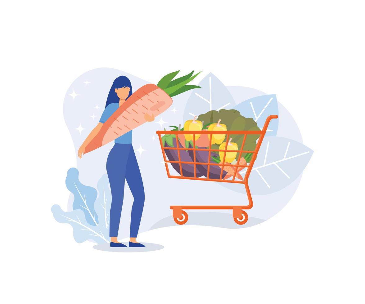 kruidenier groenten illustratie. karakter buying online en zetten in boodschappen doen mand of kar vers groenten en kruidenier artikelen. kruidenier voedsel en gezond aan het eten concept. vector