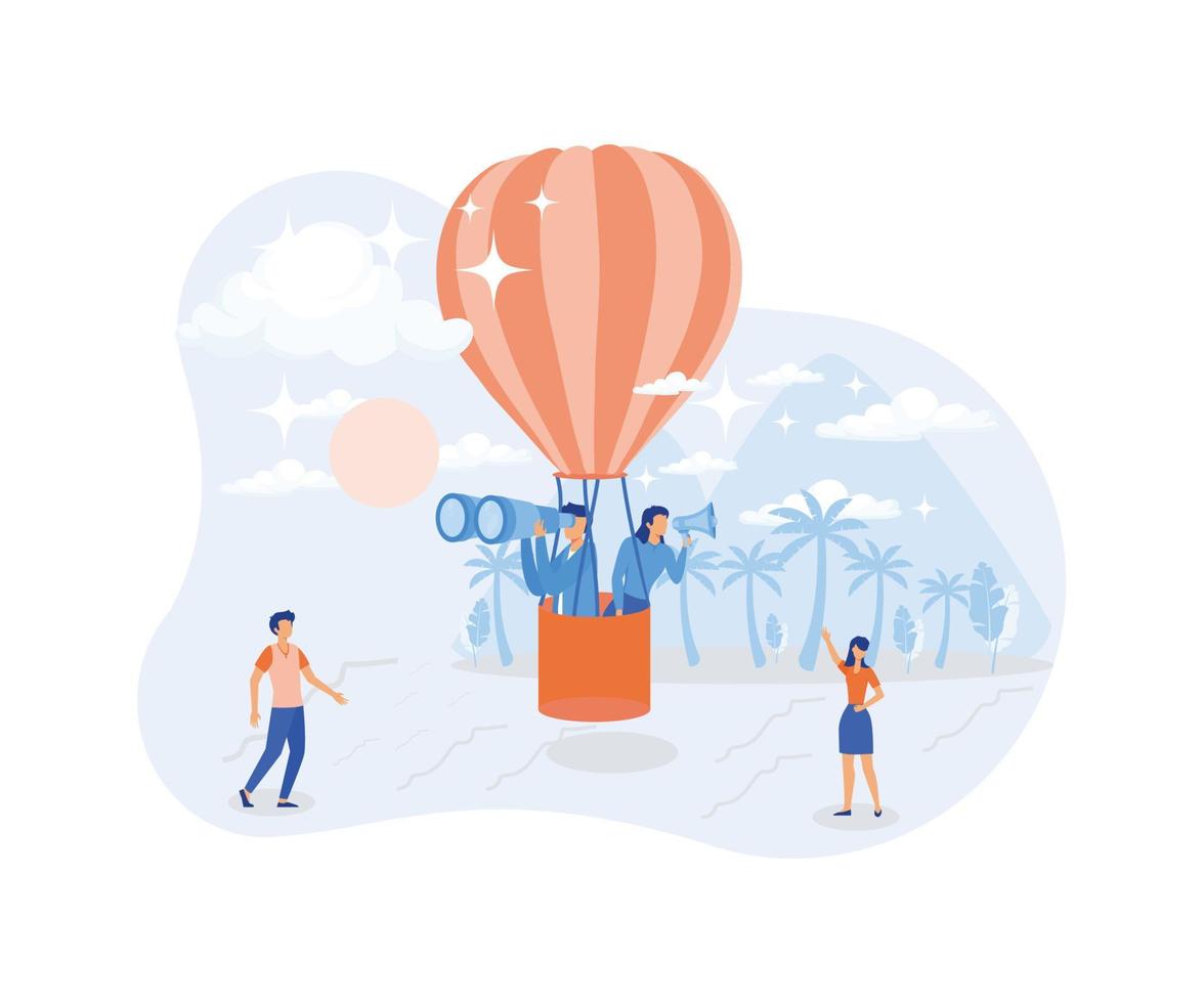 in dienst nemen illustratie. hr managers vliegend Aan lucht ballon, zoeken baan kandidaat en lezing CV. karakter toepassen voor werk positie. baan werving werkwijze concept.flat vector illustratie